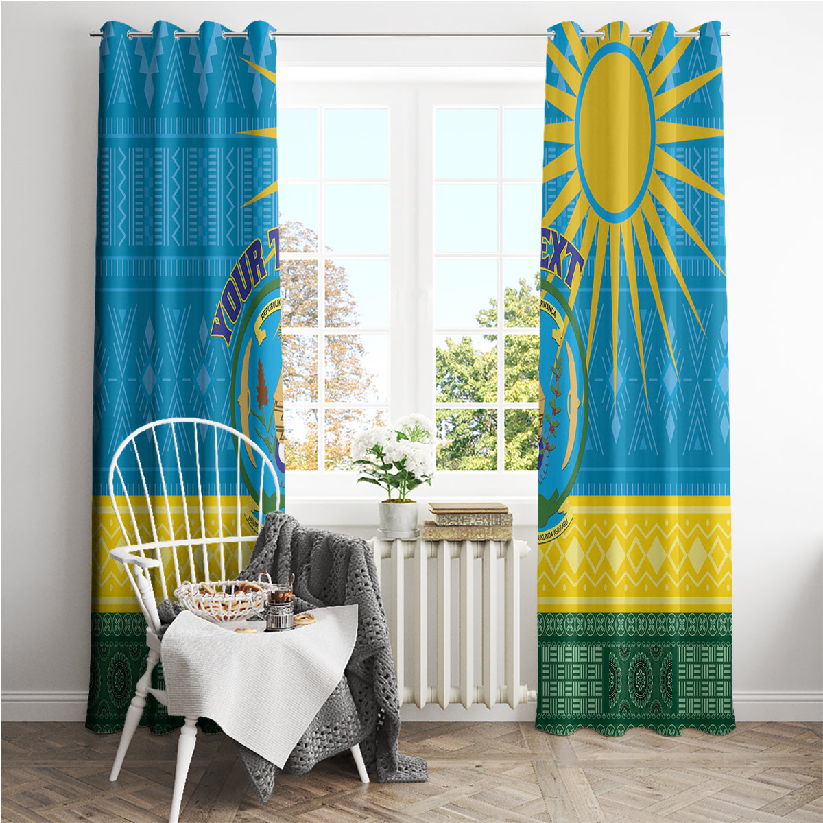 Personalized Rwanda Window Curtain Coat of Arms With African Pattern - Wonder Print Shop