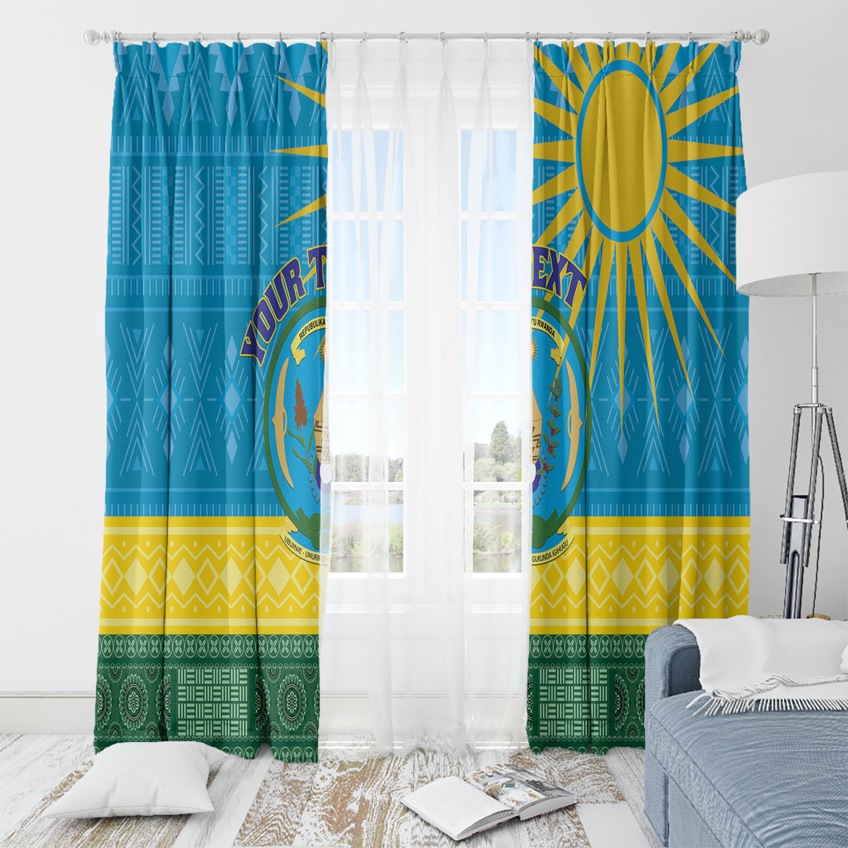 Personalized Rwanda Window Curtain Coat of Arms With African Pattern - Wonder Print Shop