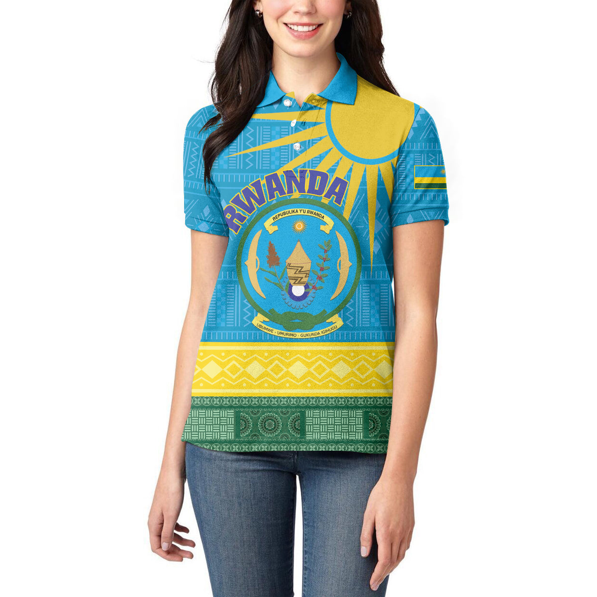 Personalized Rwanda Women Polo Shirt Coat of Arms With African Pattern - Wonder Print Shop