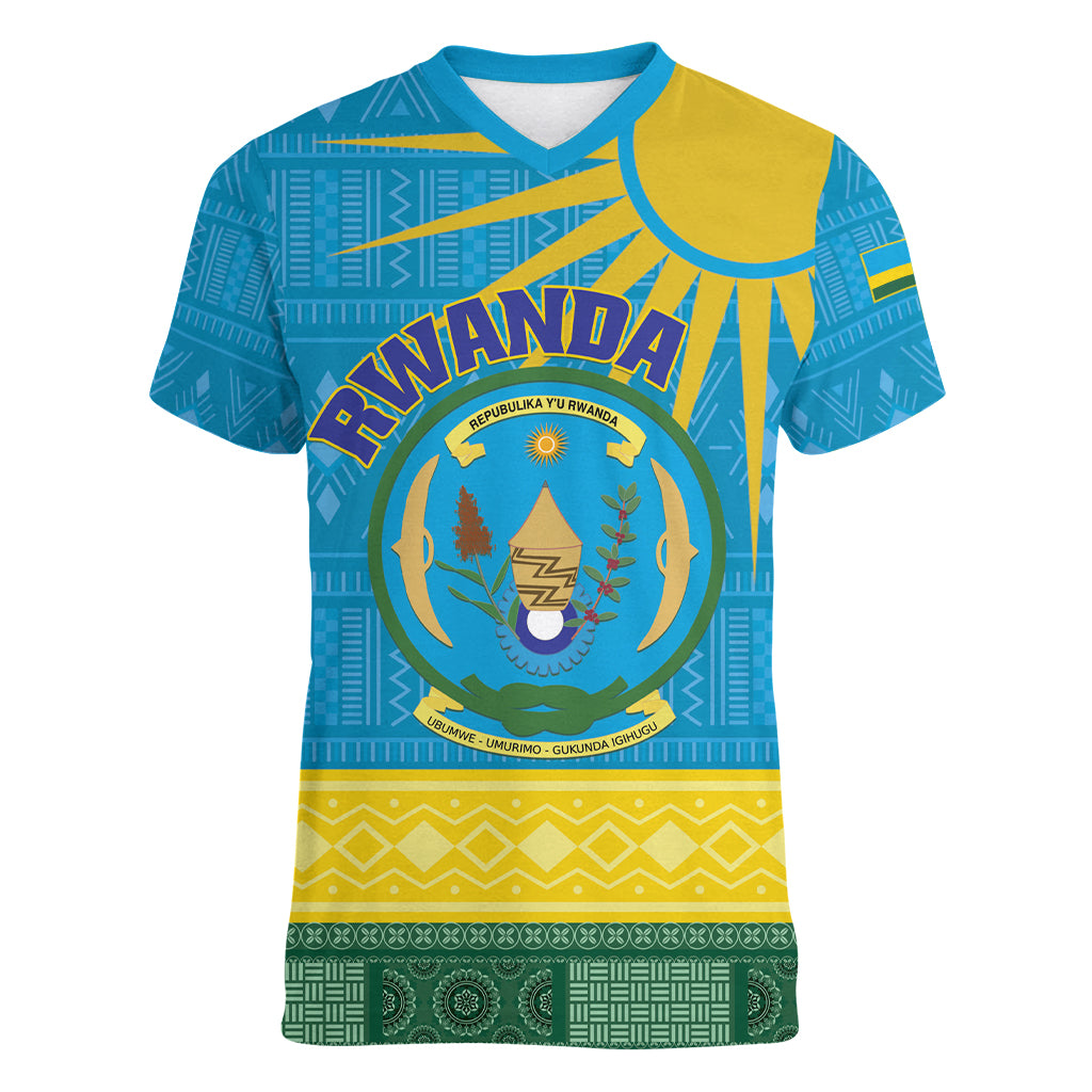Personalized Rwanda Women V-Neck T-Shirt Coat of Arms With African Pattern - Wonder Print Shop