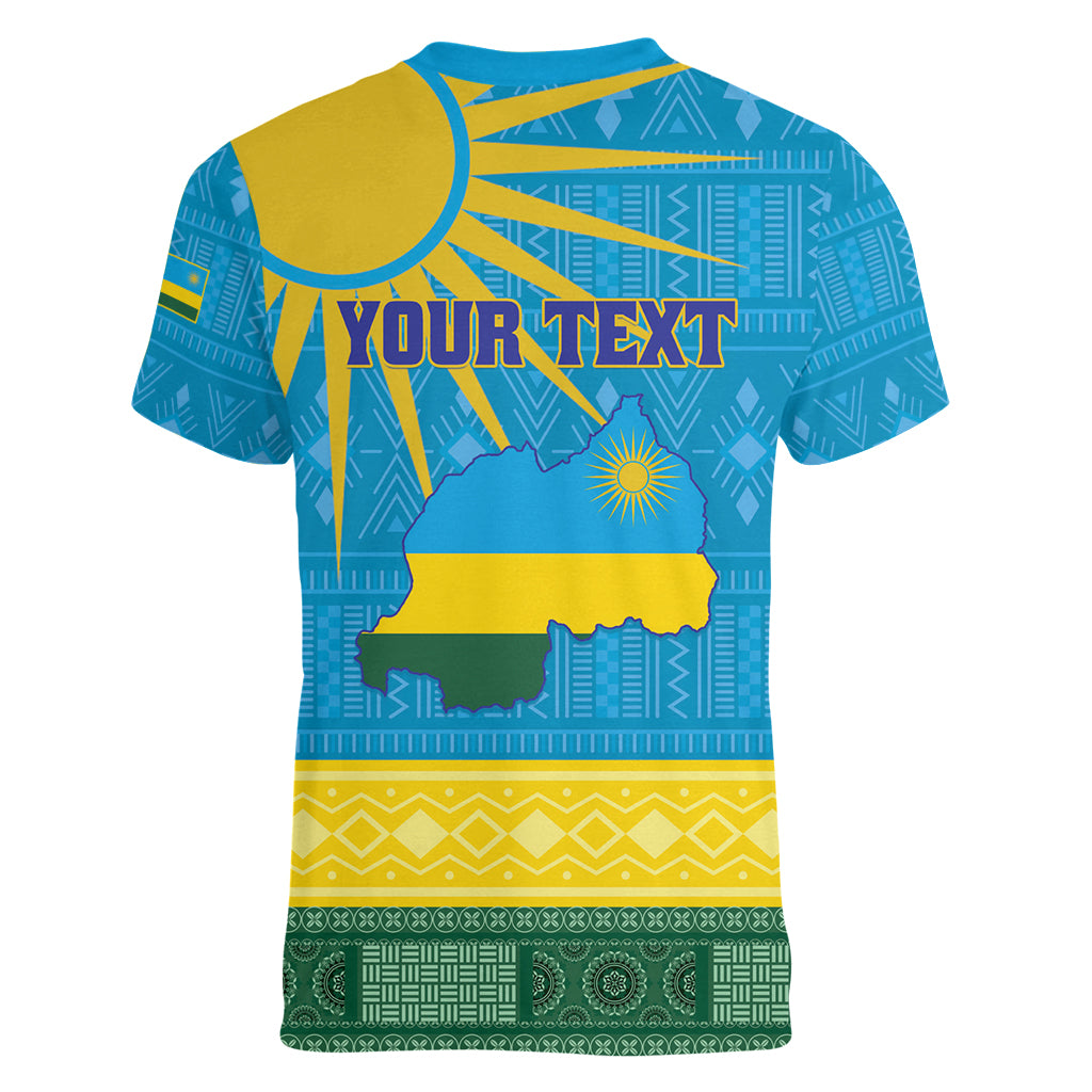 Personalized Rwanda Women V-Neck T-Shirt Coat of Arms With African Pattern - Wonder Print Shop