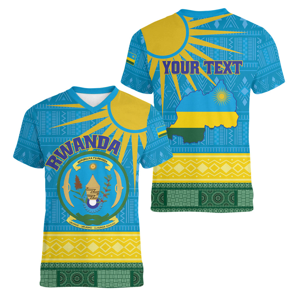 Personalized Rwanda Women V-Neck T-Shirt Coat of Arms With African Pattern - Wonder Print Shop