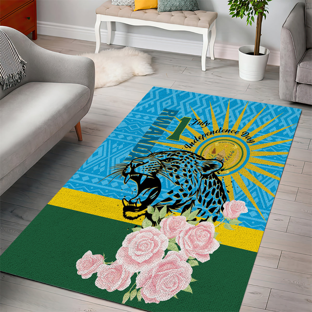 Rwanda Independence Day Area Rug Leopard With Roses - Wonder Print Shop