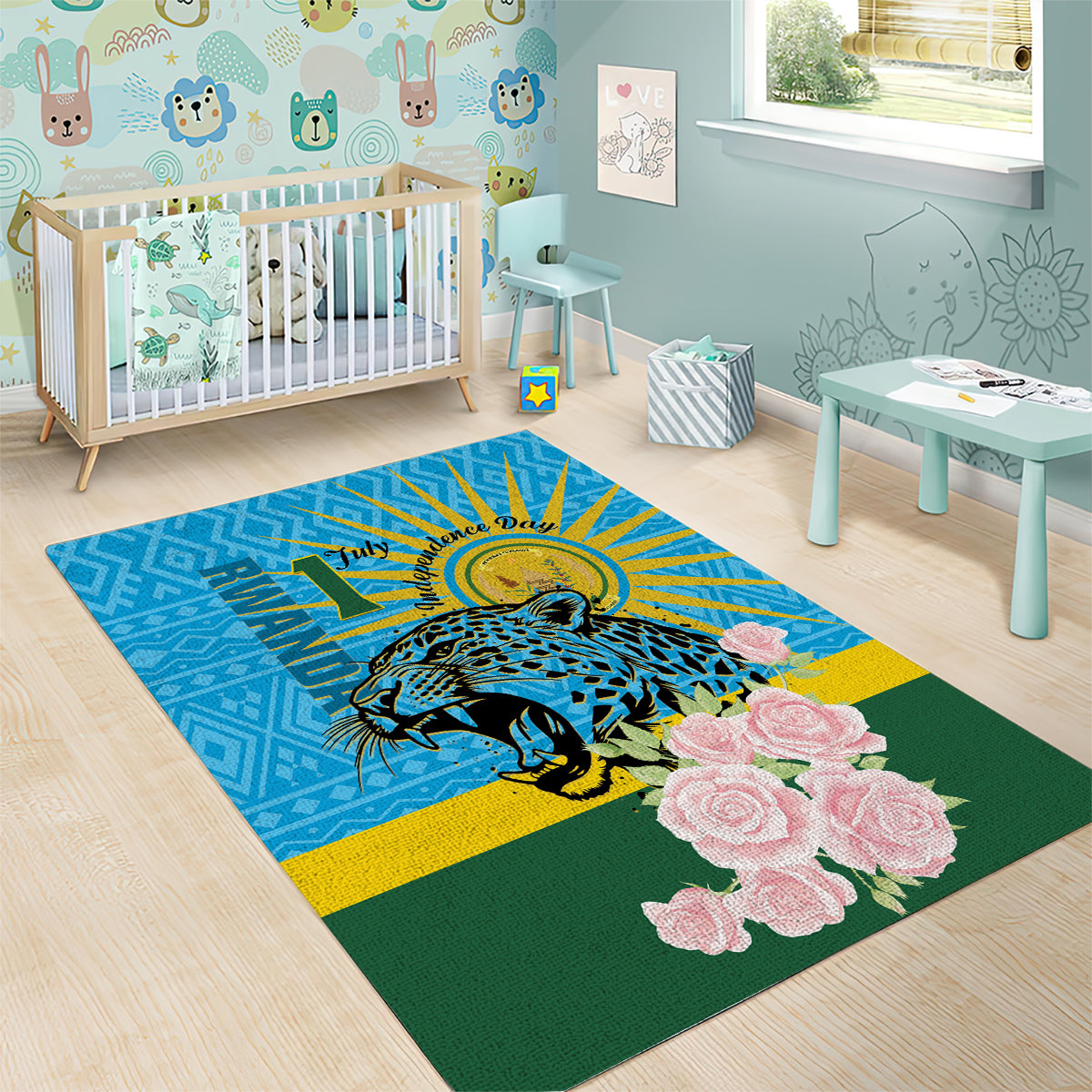 Rwanda Independence Day Area Rug Leopard With Roses - Wonder Print Shop