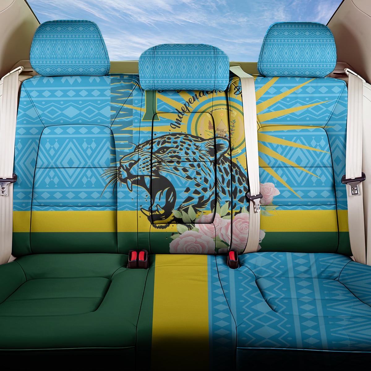 Rwanda Independence Day Back Car Seat Cover Leopard With Roses - Wonder Print Shop