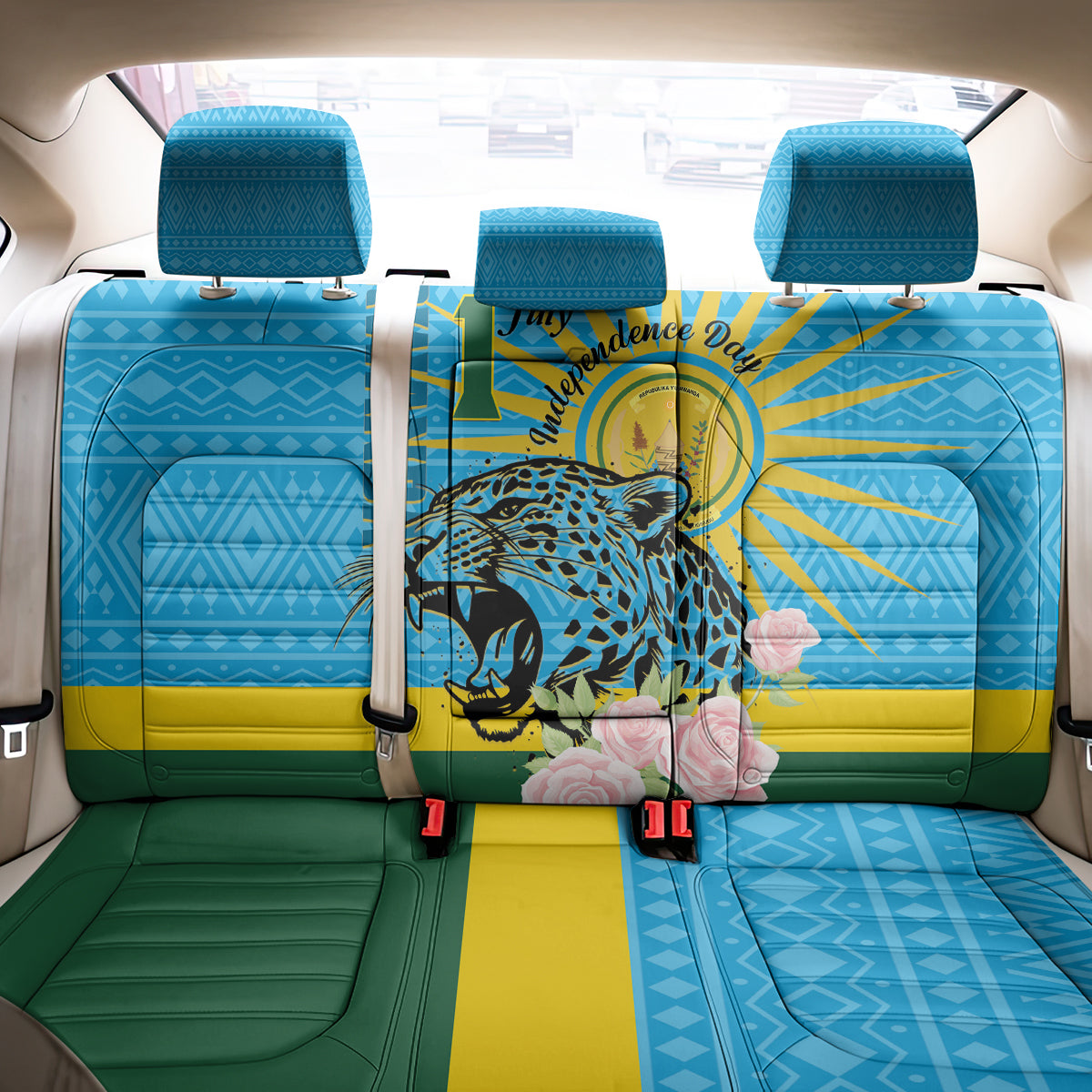 Rwanda Independence Day Back Car Seat Cover Leopard With Roses - Wonder Print Shop
