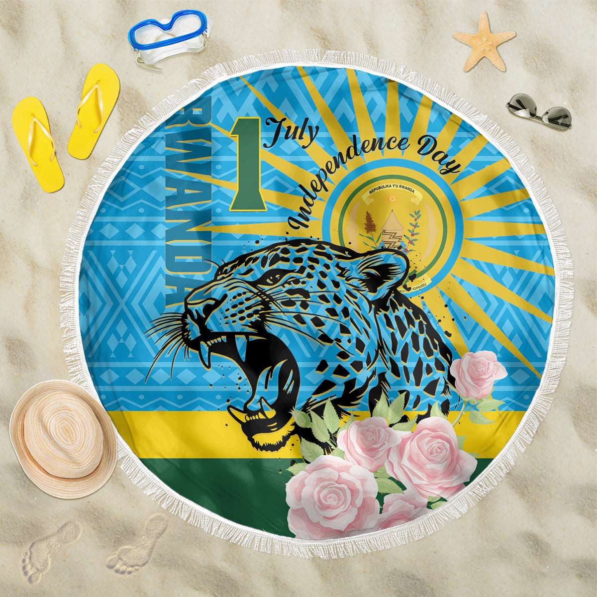 Rwanda Independence Day Beach Blanket Leopard With Roses