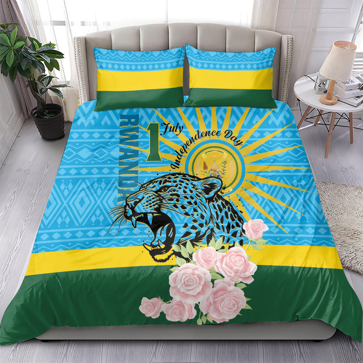 Rwanda Independence Day Bedding Set Leopard With Roses - Wonder Print Shop