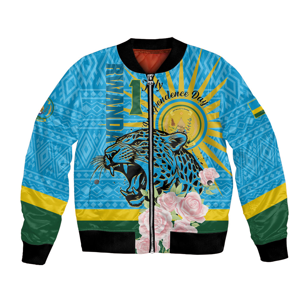 Rwanda Independence Day Bomber Jacket Leopard With Roses - Wonder Print Shop