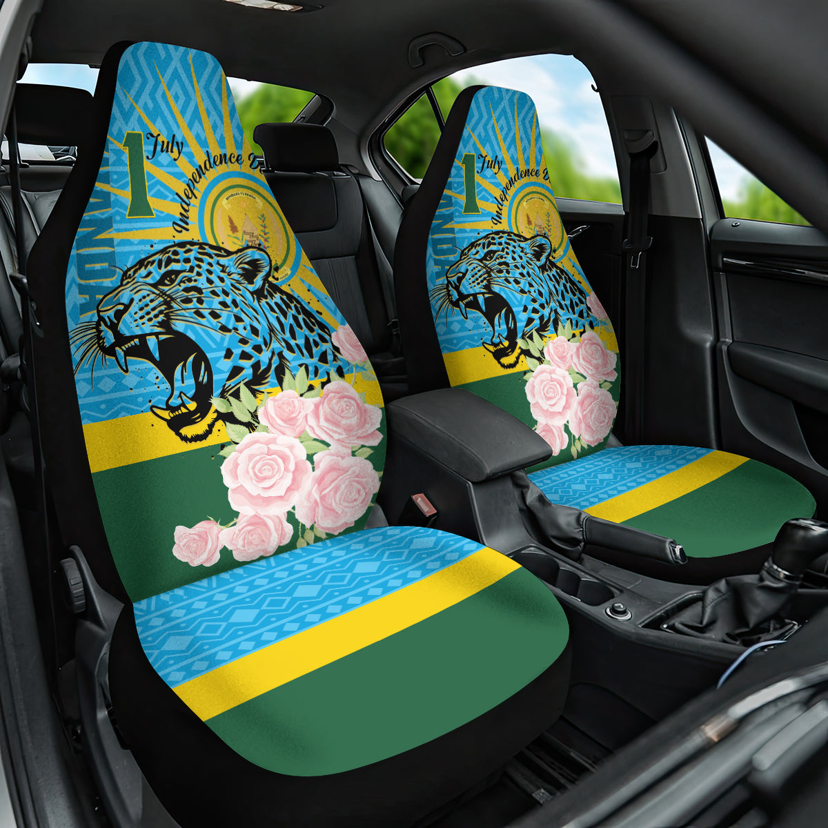Rwanda Independence Day Car Seat Cover Leopard With Roses