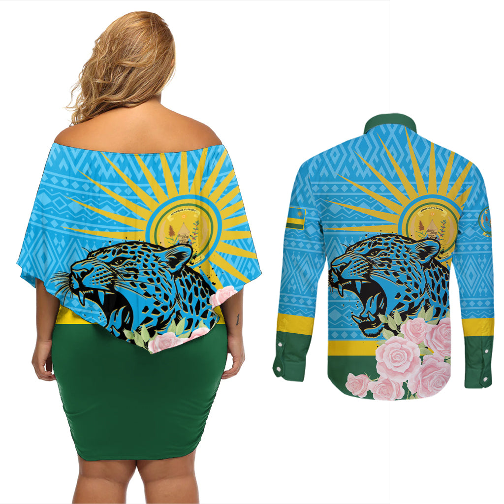 Rwanda Independence Day Couples Matching Off Shoulder Short Dress and Long Sleeve Button Shirt Leopard With Roses - Wonder Print Shop