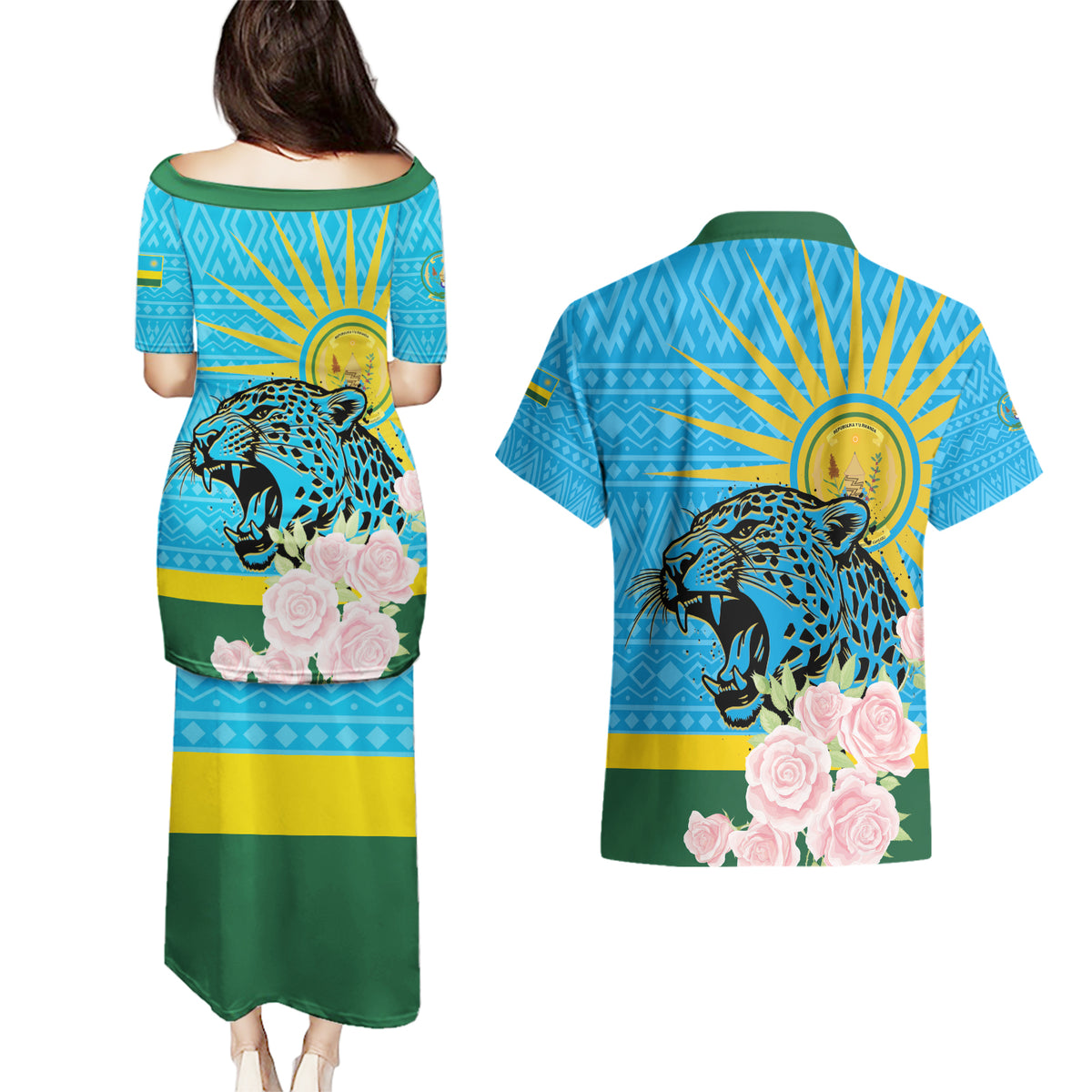 Rwanda Independence Day Couples Matching Puletasi and Hawaiian Shirt Leopard With Roses - Wonder Print Shop