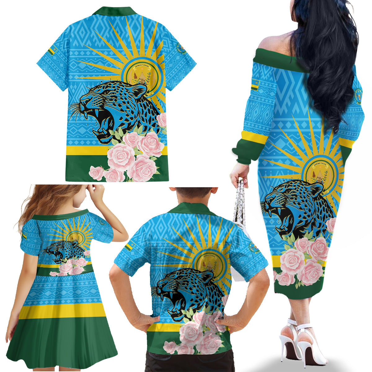 Rwanda Independence Day Family Matching Off The Shoulder Long Sleeve Dress and Hawaiian Shirt Leopard With Roses - Wonder Print Shop