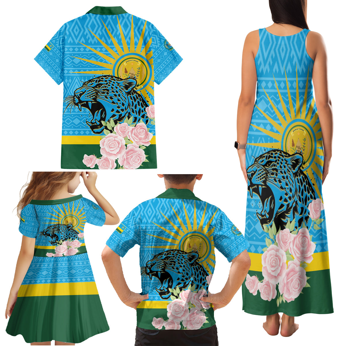 Rwanda Independence Day Family Matching Tank Maxi Dress and Hawaiian Shirt Leopard With Roses - Wonder Print Shop