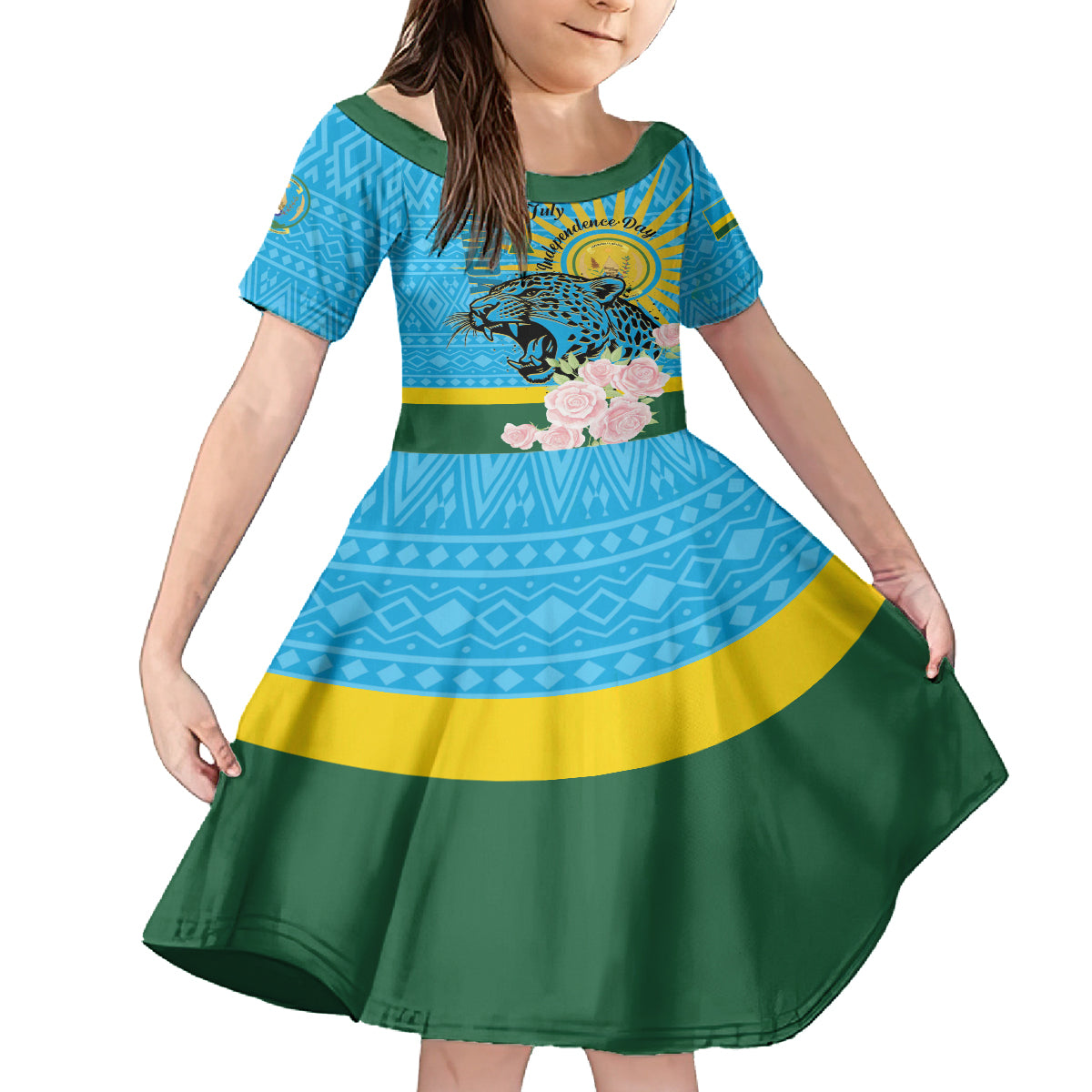 Rwanda Independence Day Kid Short Sleeve Dress Leopard With Roses - Wonder Print Shop
