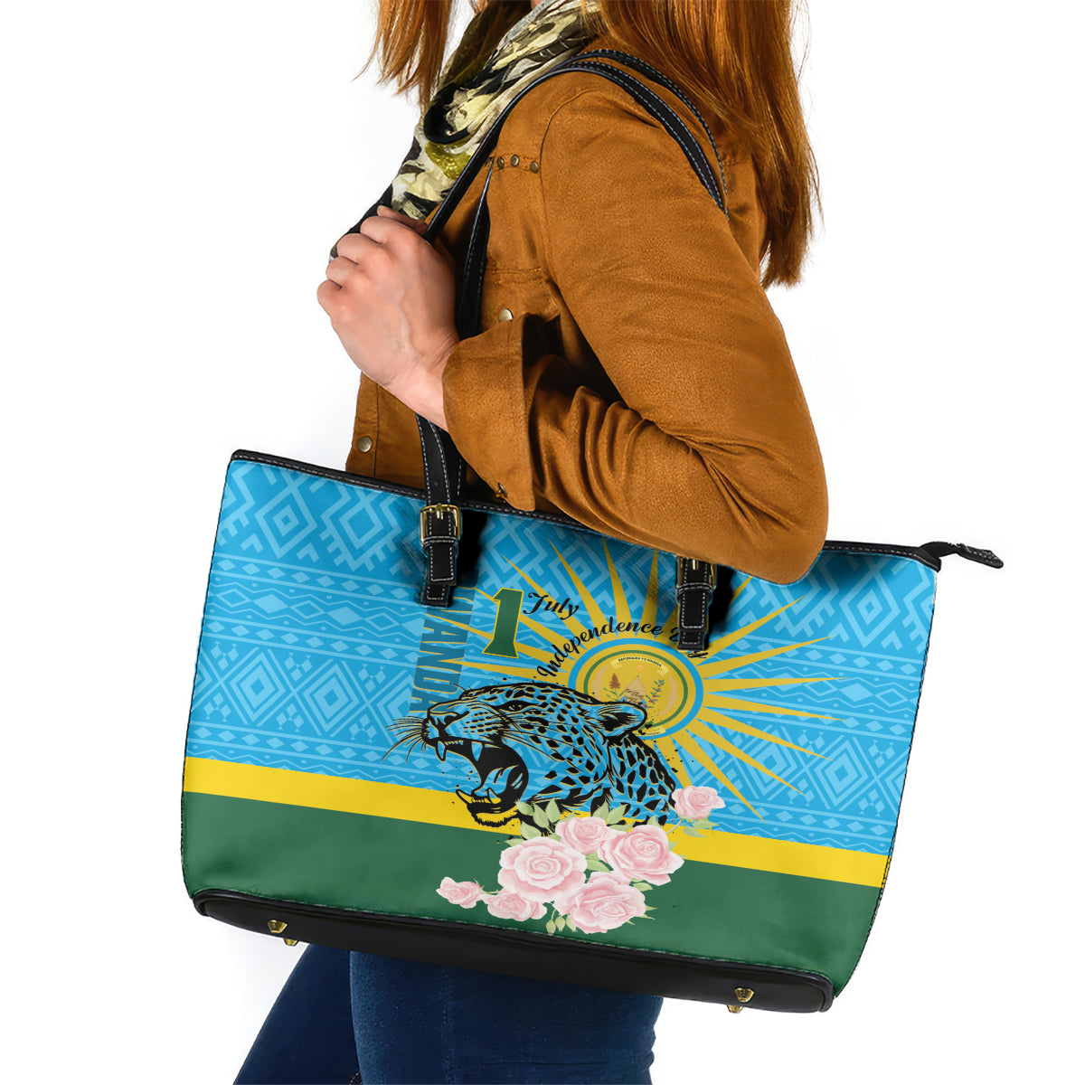 Rwanda Independence Day Leather Tote Bag Leopard With Roses