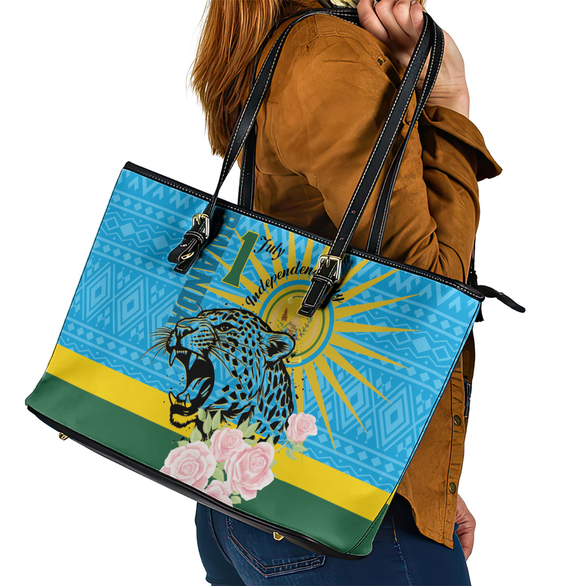 Rwanda Independence Day Leather Tote Bag Leopard With Roses - Wonder Print Shop