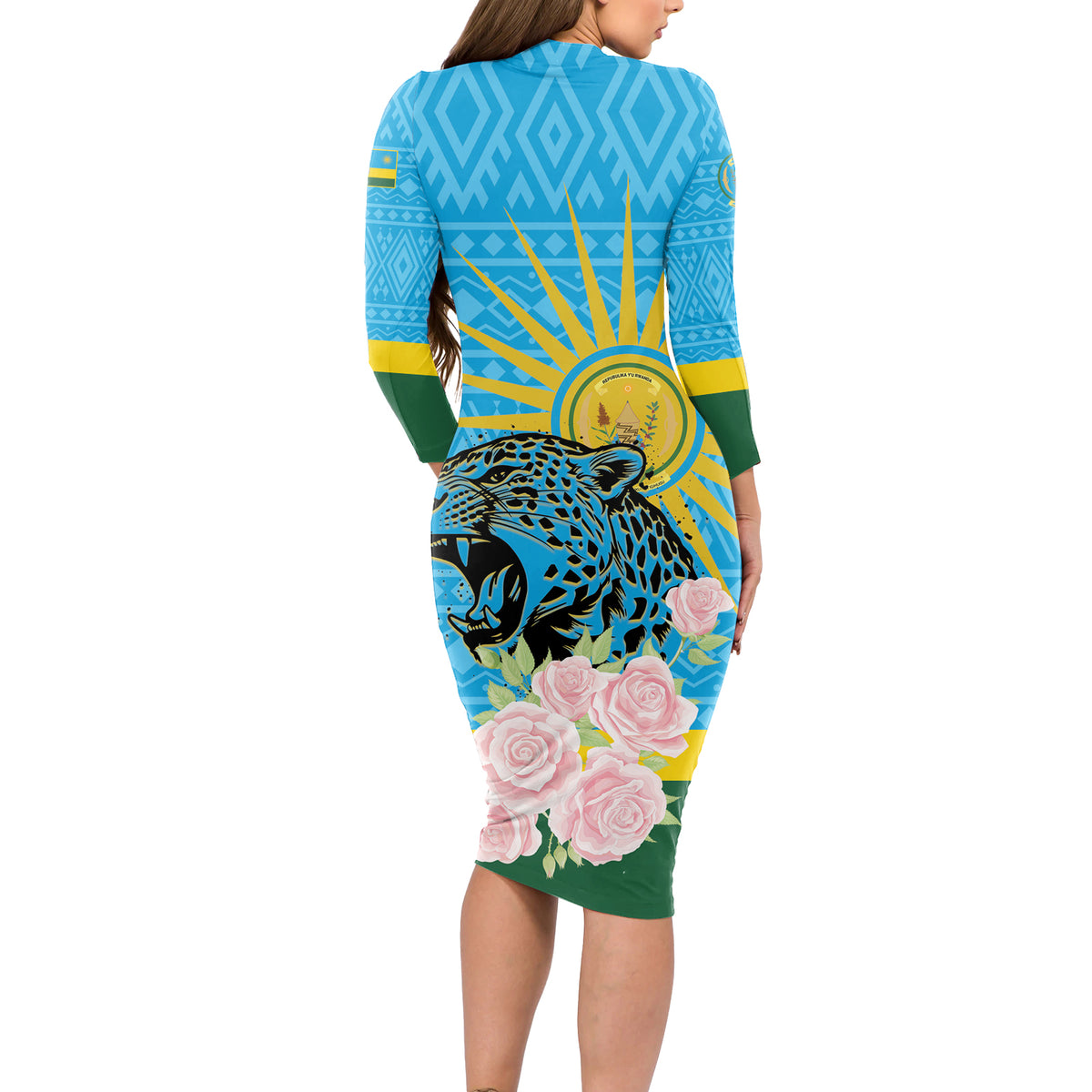 Rwanda Independence Day Long Sleeve Bodycon Dress Leopard With Roses - Wonder Print Shop