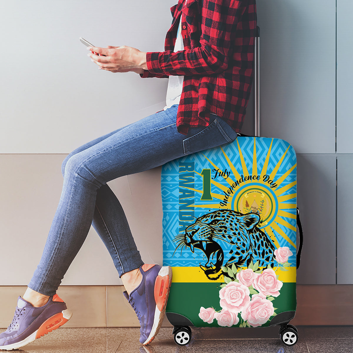 Rwanda Independence Day Luggage Cover Leopard With Roses - Wonder Print Shop