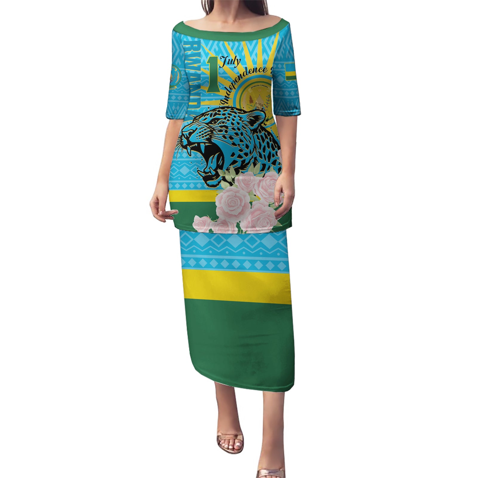 Rwanda Independence Day Puletasi Leopard With Roses - Wonder Print Shop