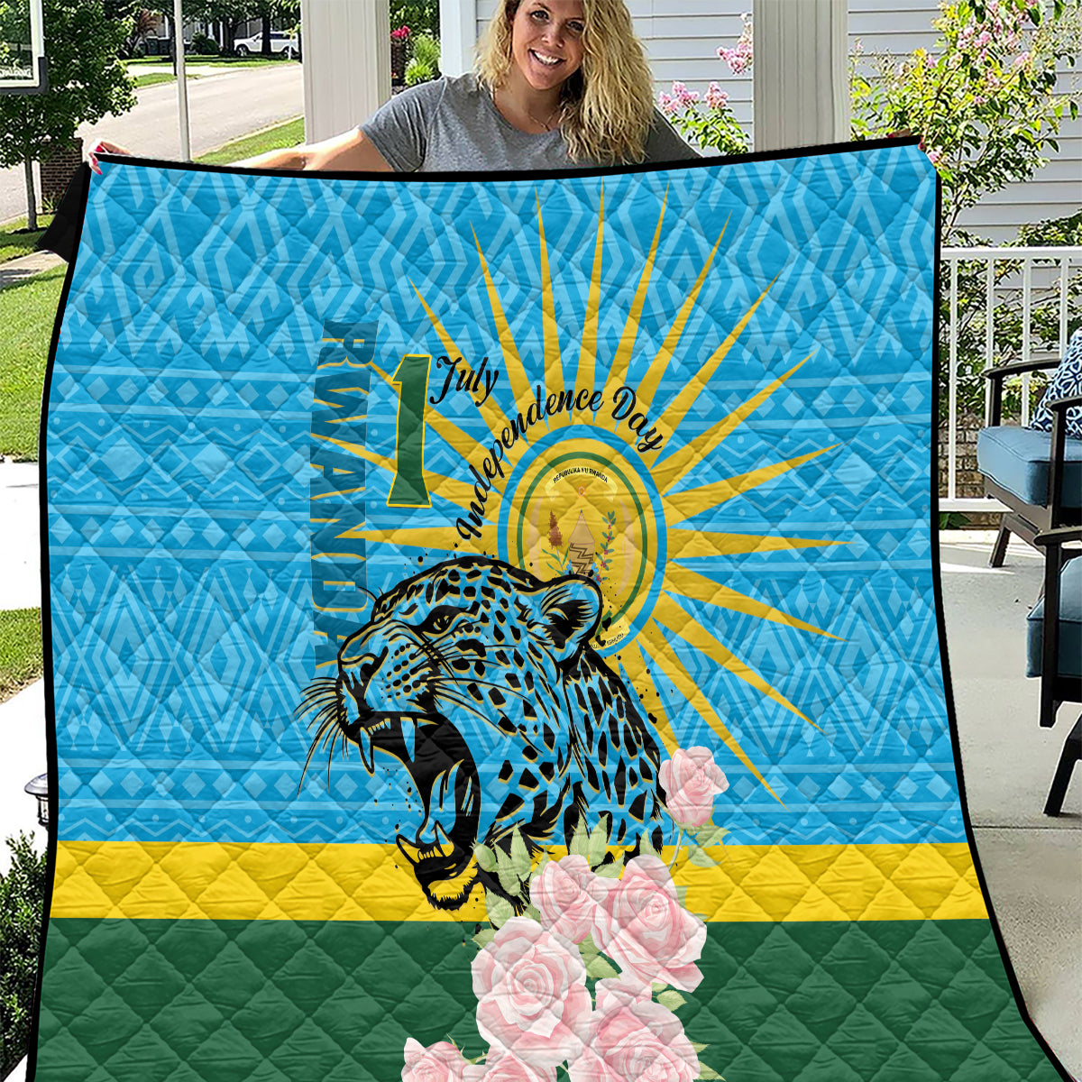 Rwanda Independence Day Quilt Leopard With Roses - Wonder Print Shop