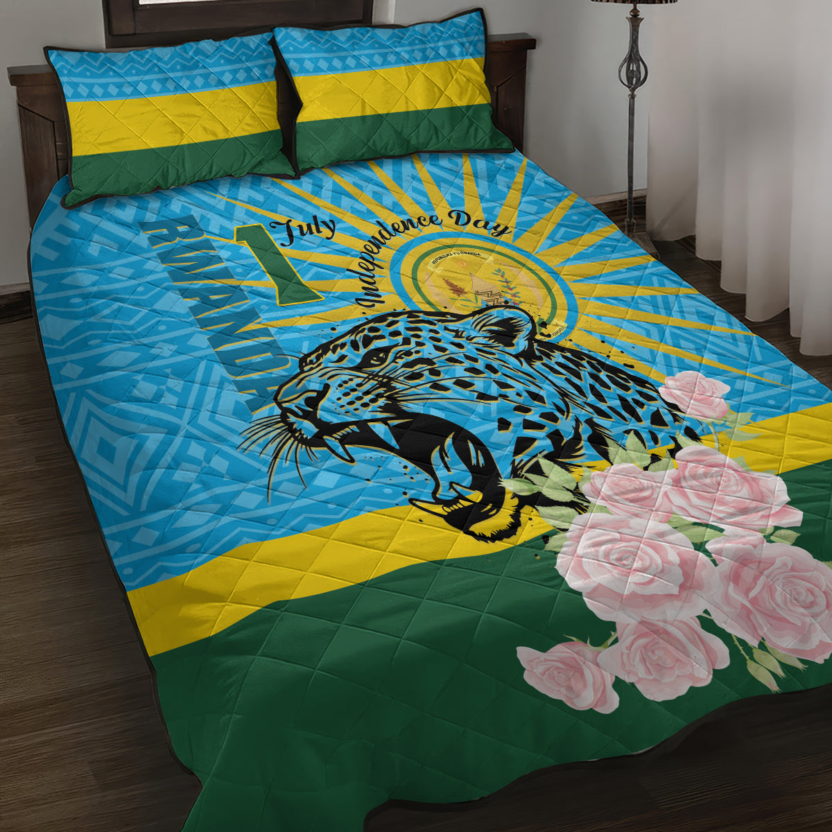 Rwanda Independence Day Quilt Bed Set Leopard With Roses