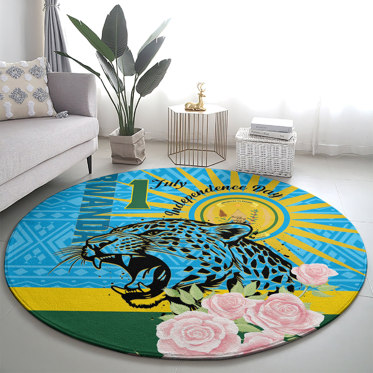 Rwanda Independence Day Round Carpet Leopard With Roses