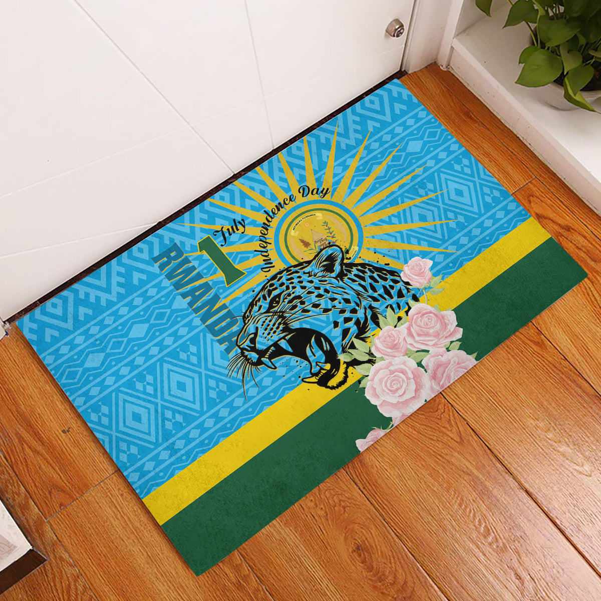 Rwanda Independence Day Rubber Doormat Leopard With Roses - Wonder Print Shop