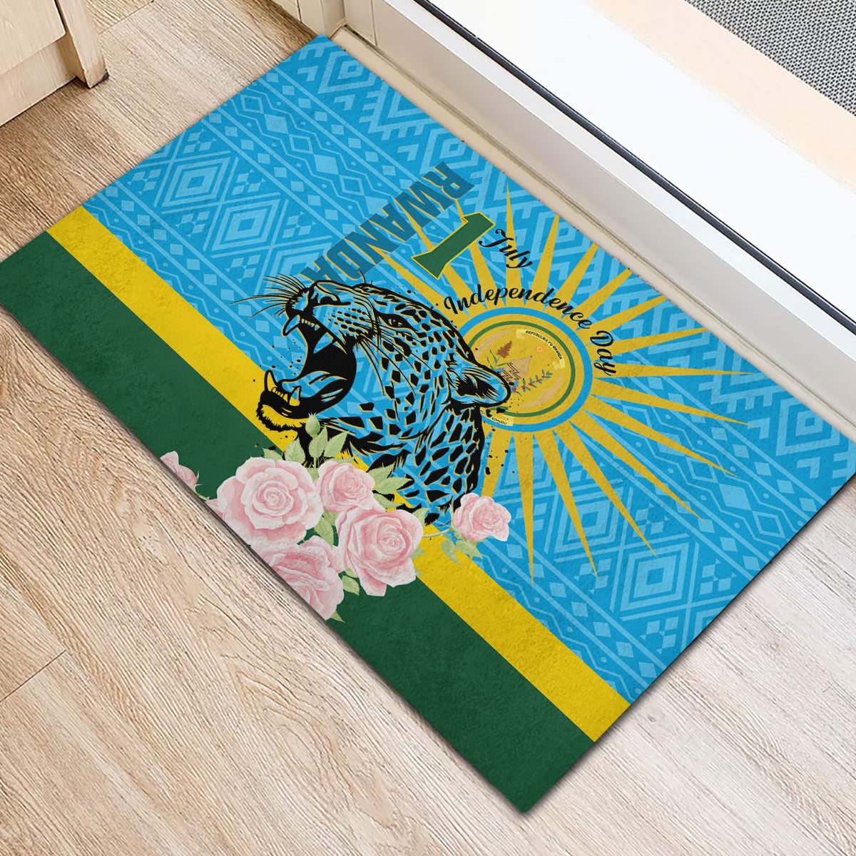 Rwanda Independence Day Rubber Doormat Leopard With Roses - Wonder Print Shop