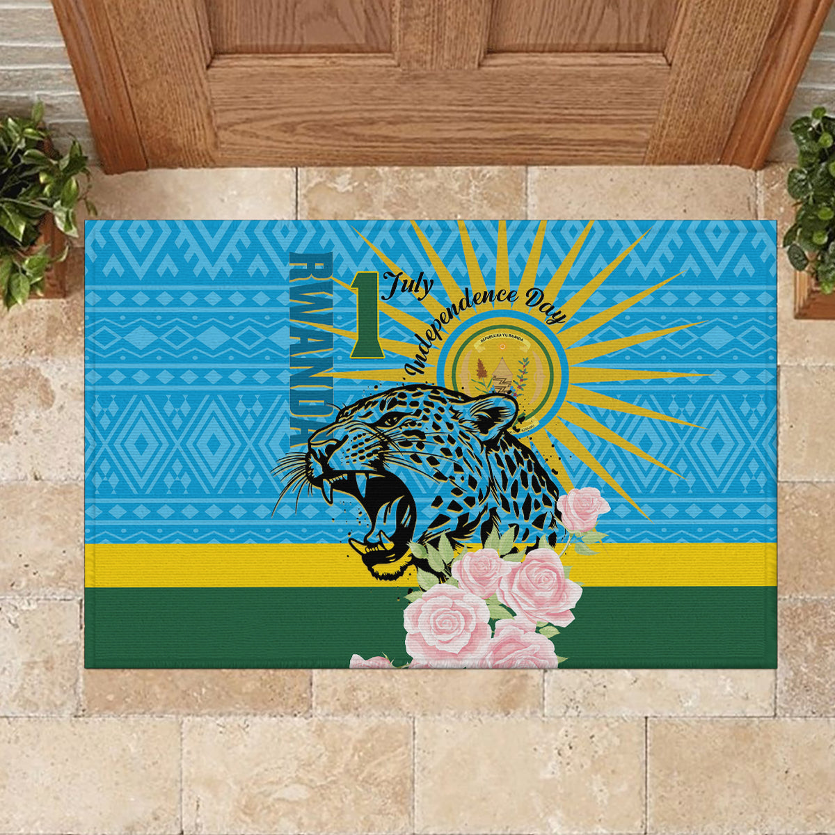 Rwanda Independence Day Rubber Doormat Leopard With Roses - Wonder Print Shop