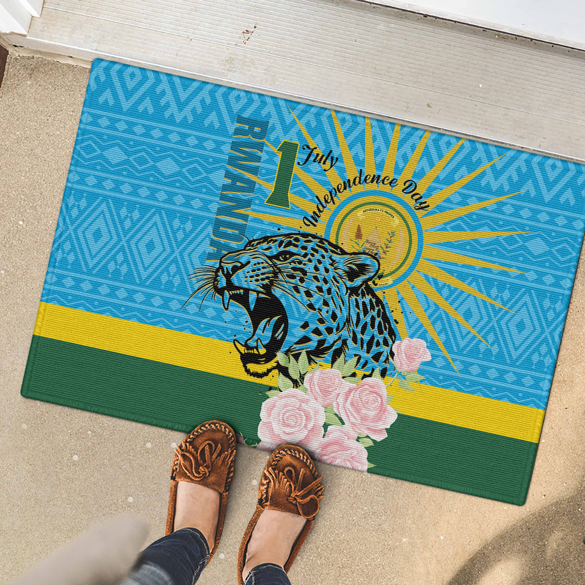 Rwanda Independence Day Rubber Doormat Leopard With Roses - Wonder Print Shop