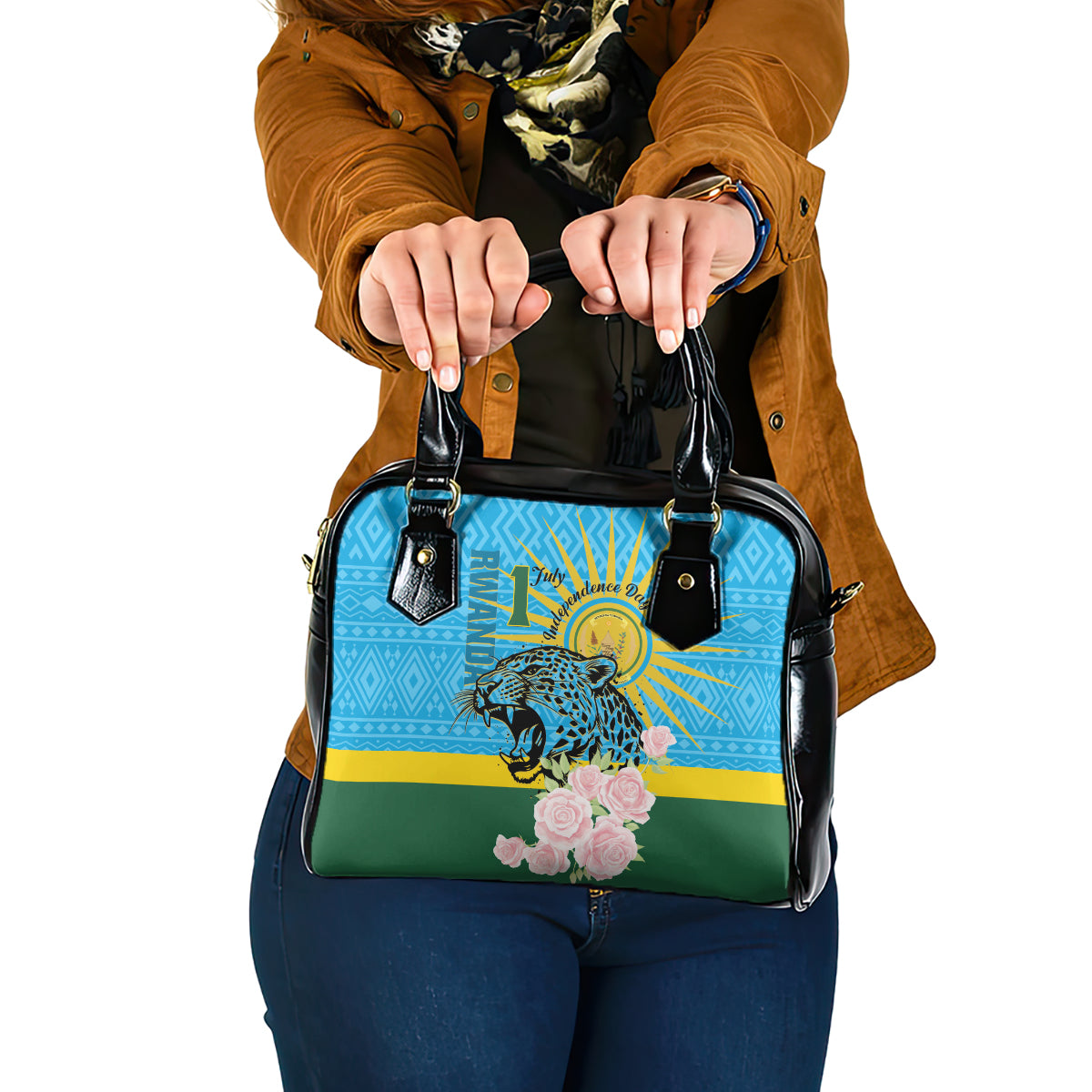Rwanda Independence Day Shoulder Handbag Leopard With Roses