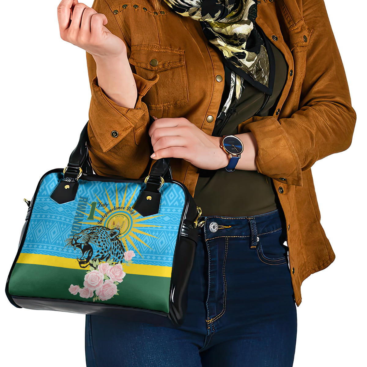 Rwanda Independence Day Shoulder Handbag Leopard With Roses