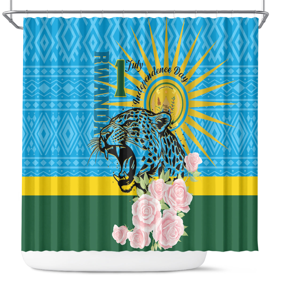 Rwanda Independence Day Shower Curtain Leopard With Roses