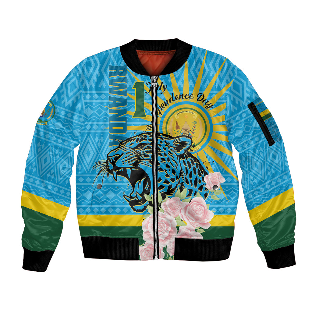 Rwanda Independence Day Sleeve Zip Bomber Jacket Leopard With Roses - Wonder Print Shop