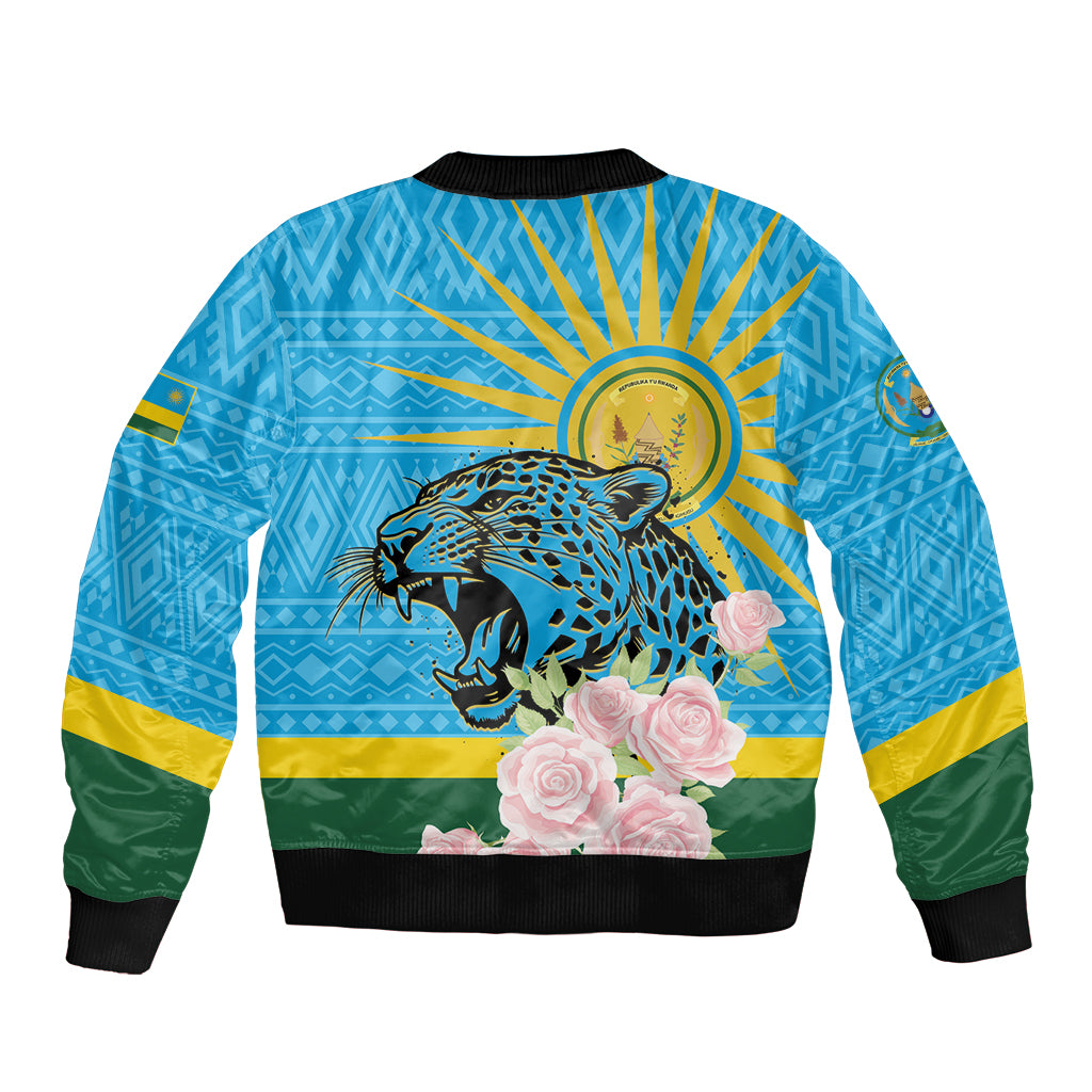 Rwanda Independence Day Sleeve Zip Bomber Jacket Leopard With Roses - Wonder Print Shop