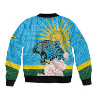 Rwanda Independence Day Sleeve Zip Bomber Jacket Leopard With Roses - Wonder Print Shop