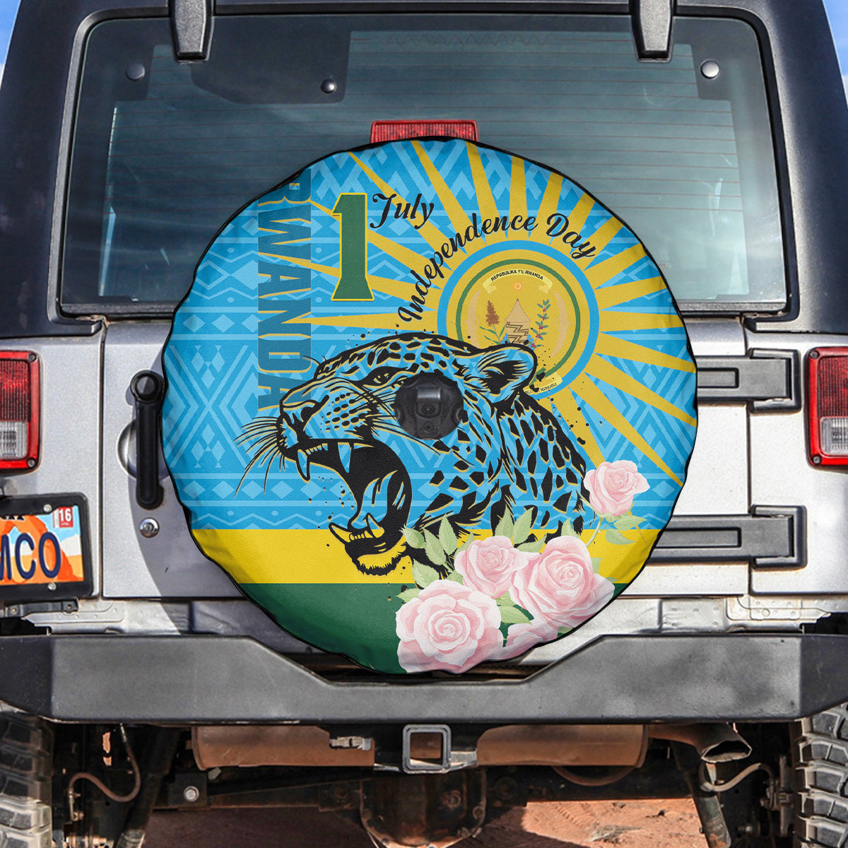Rwanda Independence Day Spare Tire Cover Leopard With Roses