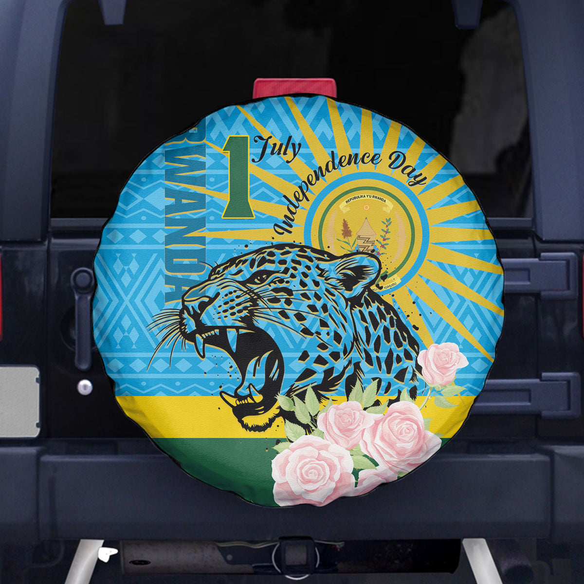 Rwanda Independence Day Spare Tire Cover Leopard With Roses - Wonder Print Shop