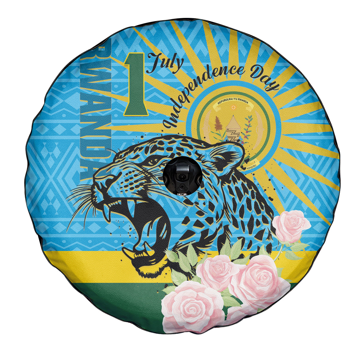 Rwanda Independence Day Spare Tire Cover Leopard With Roses - Wonder Print Shop