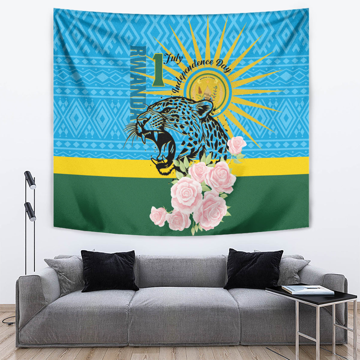 Rwanda Independence Day Tapestry Leopard With Roses - Wonder Print Shop