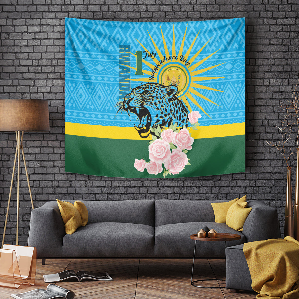 Rwanda Independence Day Tapestry Leopard With Roses - Wonder Print Shop