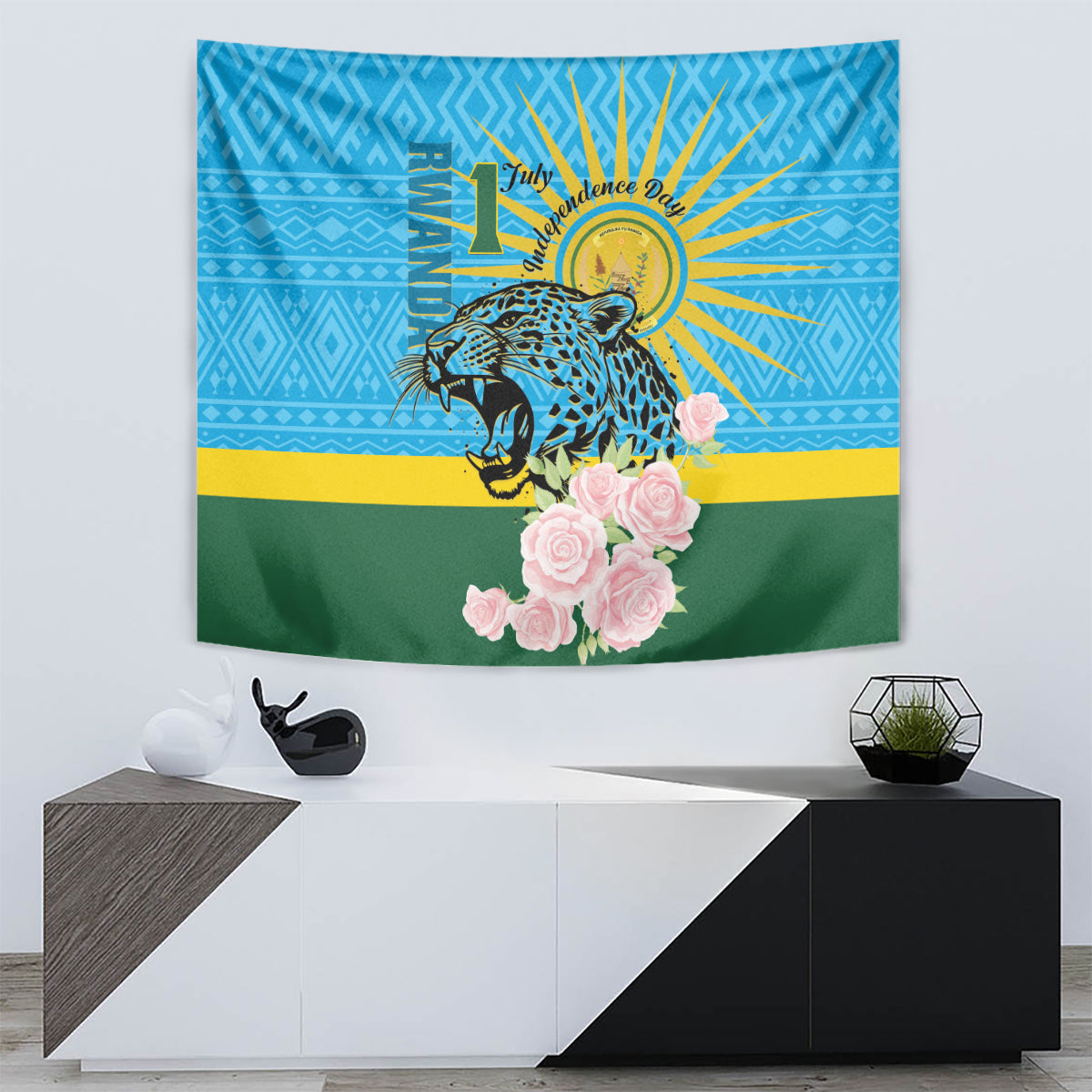 Rwanda Independence Day Tapestry Leopard With Roses - Wonder Print Shop