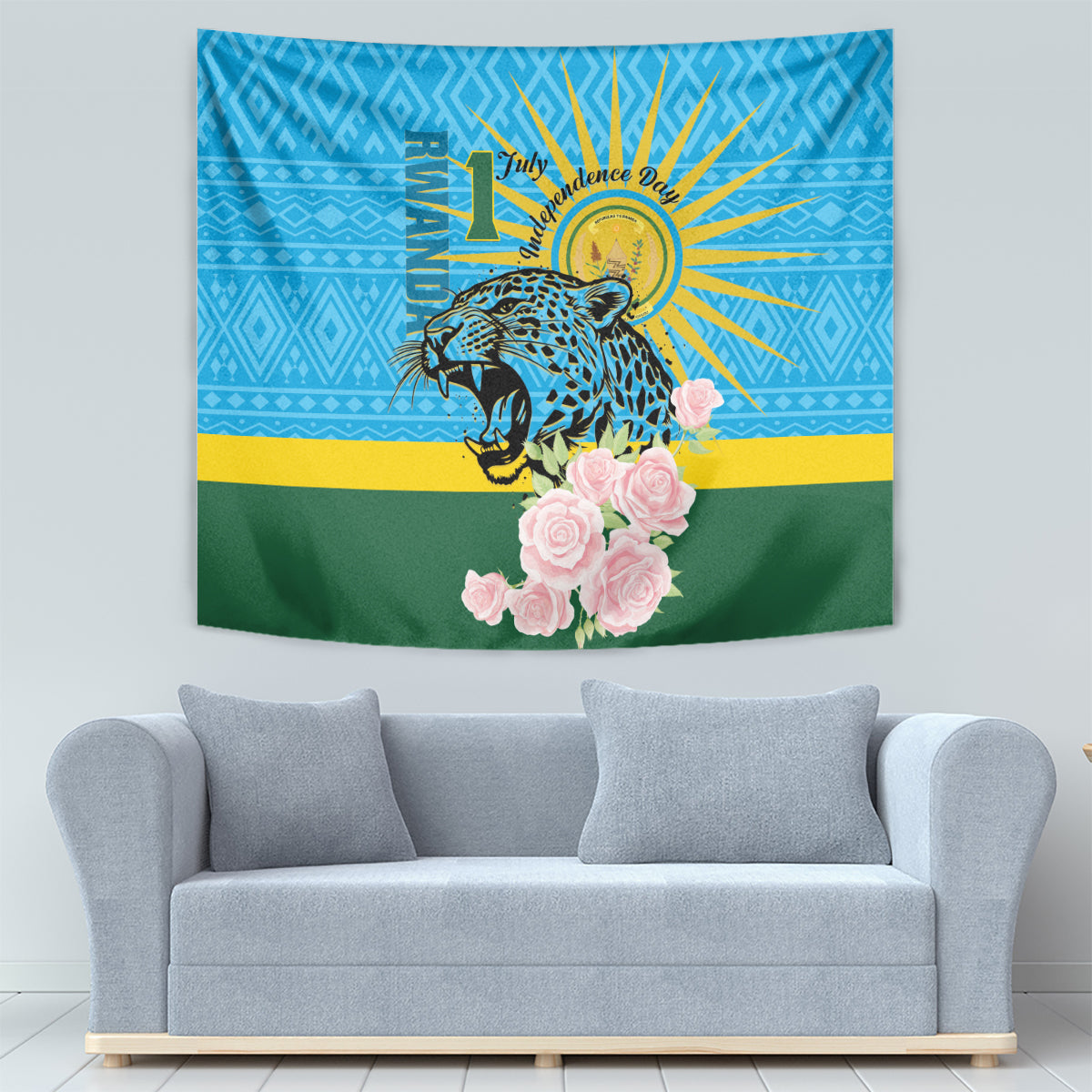 Rwanda Independence Day Tapestry Leopard With Roses - Wonder Print Shop