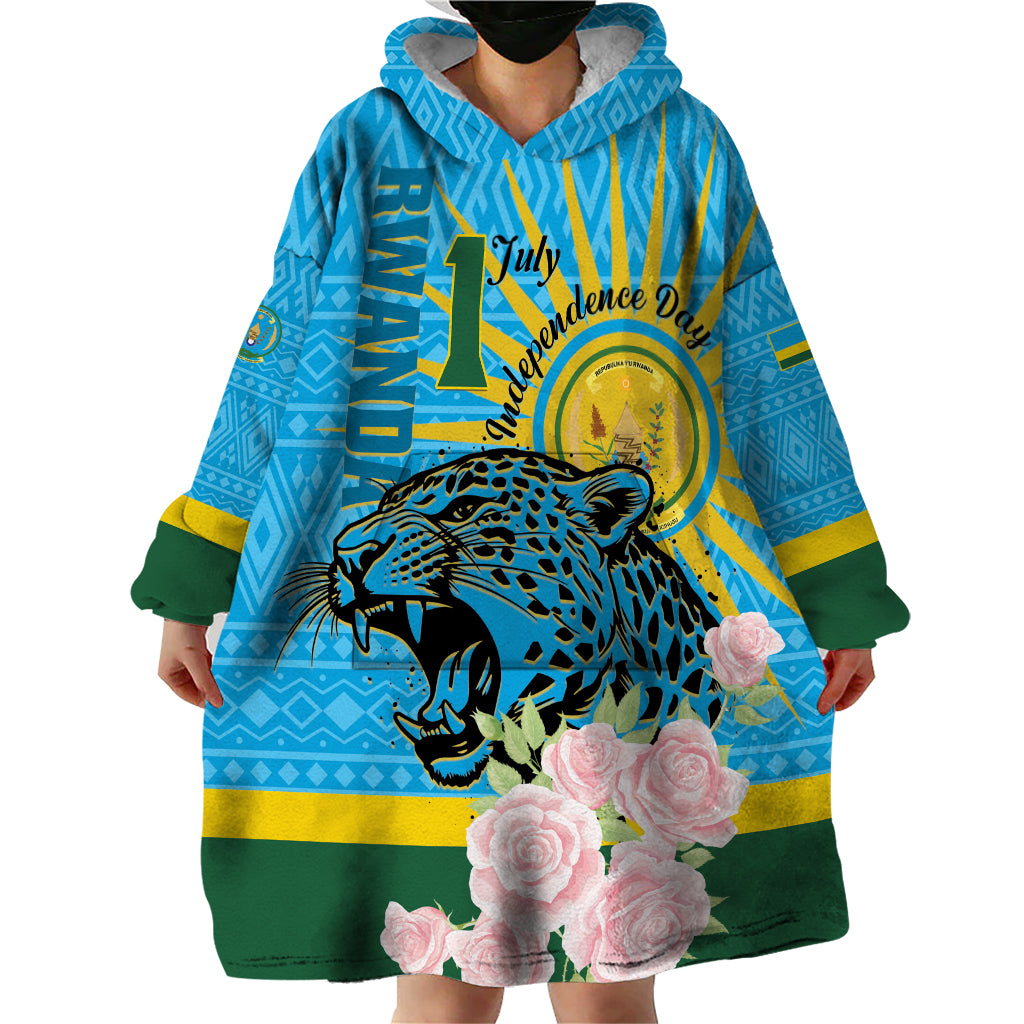 Rwanda Independence Day Wearable Blanket Hoodie Leopard With Roses - Wonder Print Shop