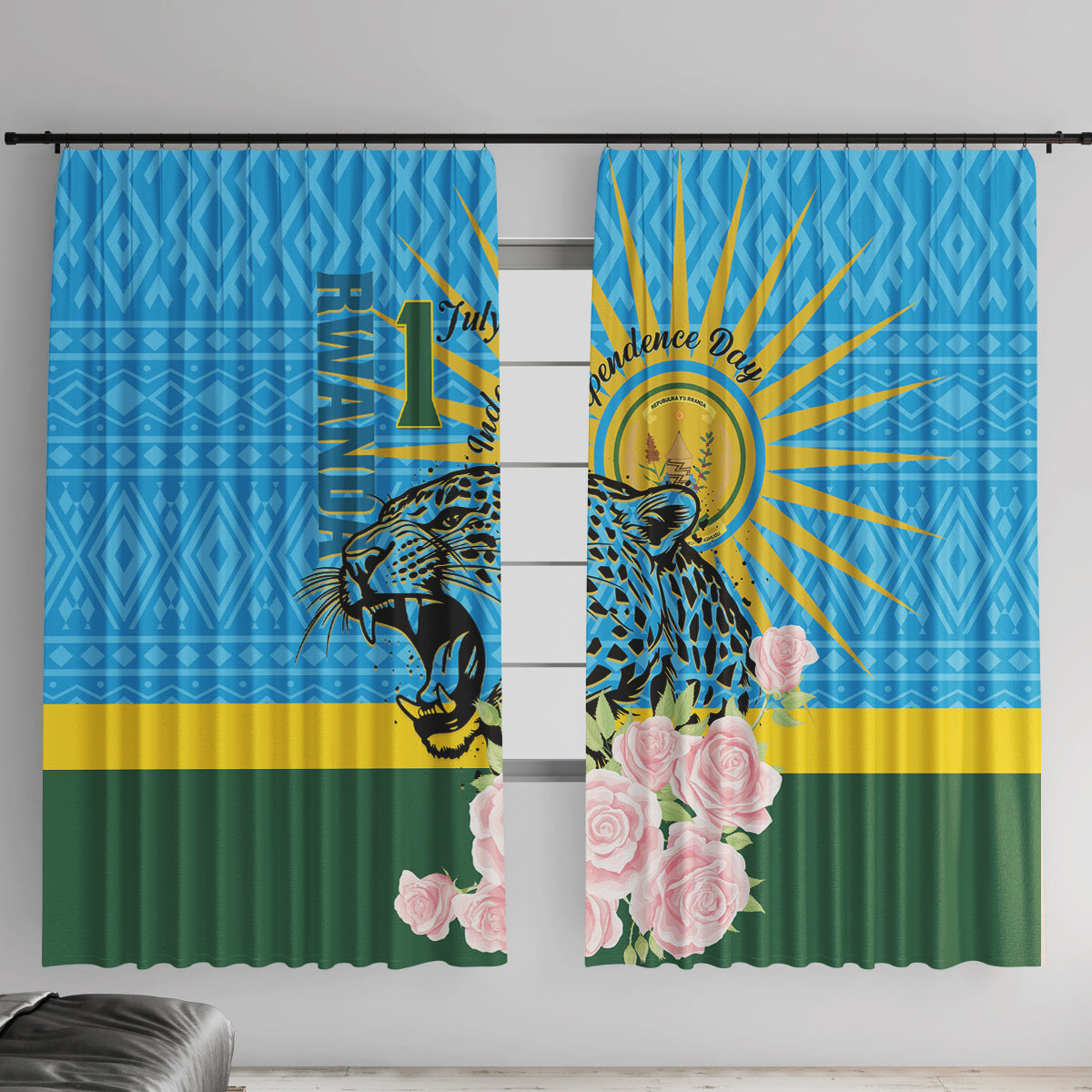 Rwanda Independence Day Window Curtain Leopard With Roses - Wonder Print Shop