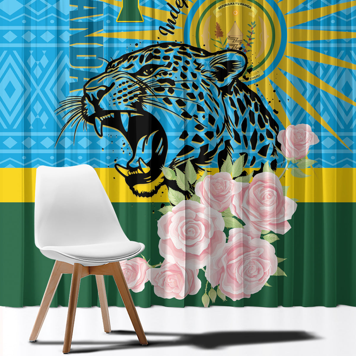Rwanda Independence Day Window Curtain Leopard With Roses - Wonder Print Shop