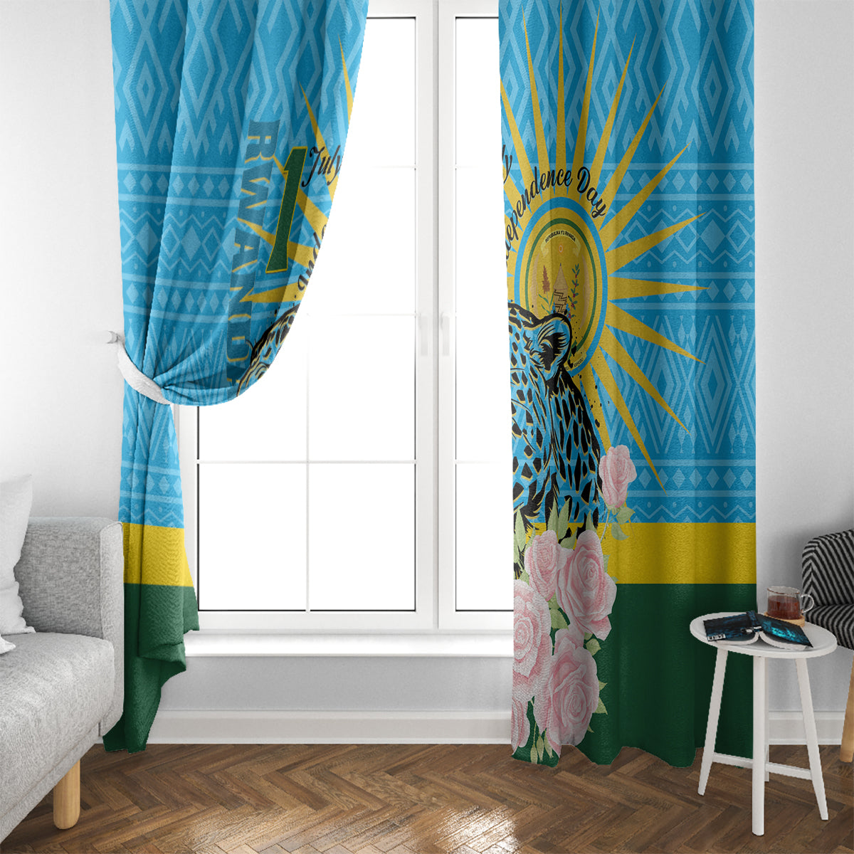 Rwanda Independence Day Window Curtain Leopard With Roses - Wonder Print Shop