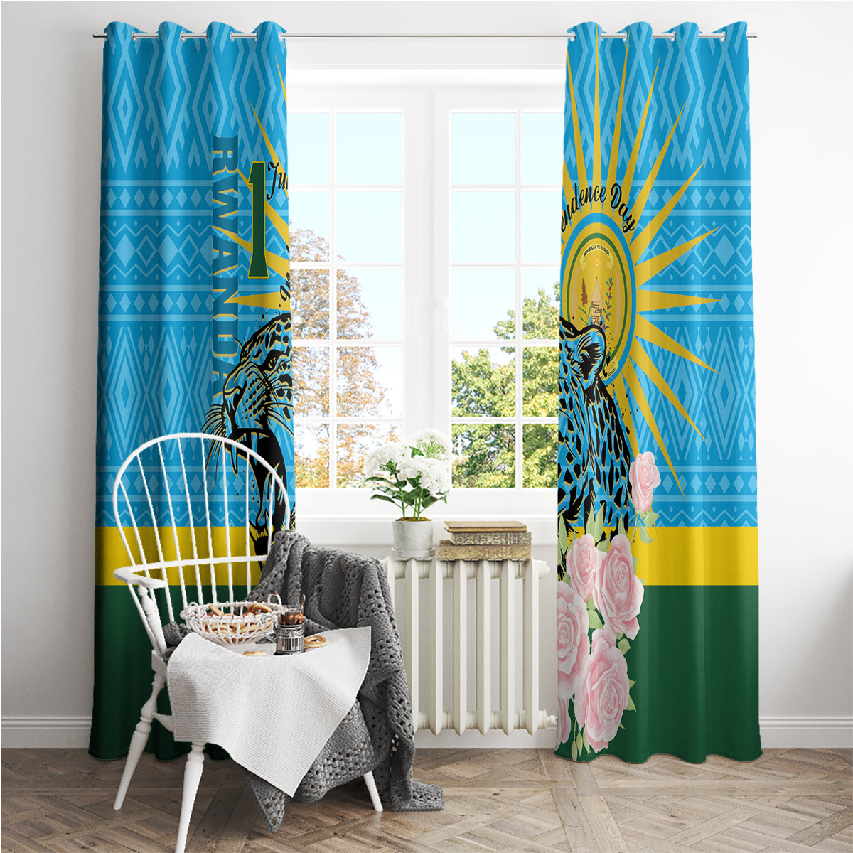 Rwanda Independence Day Window Curtain Leopard With Roses - Wonder Print Shop