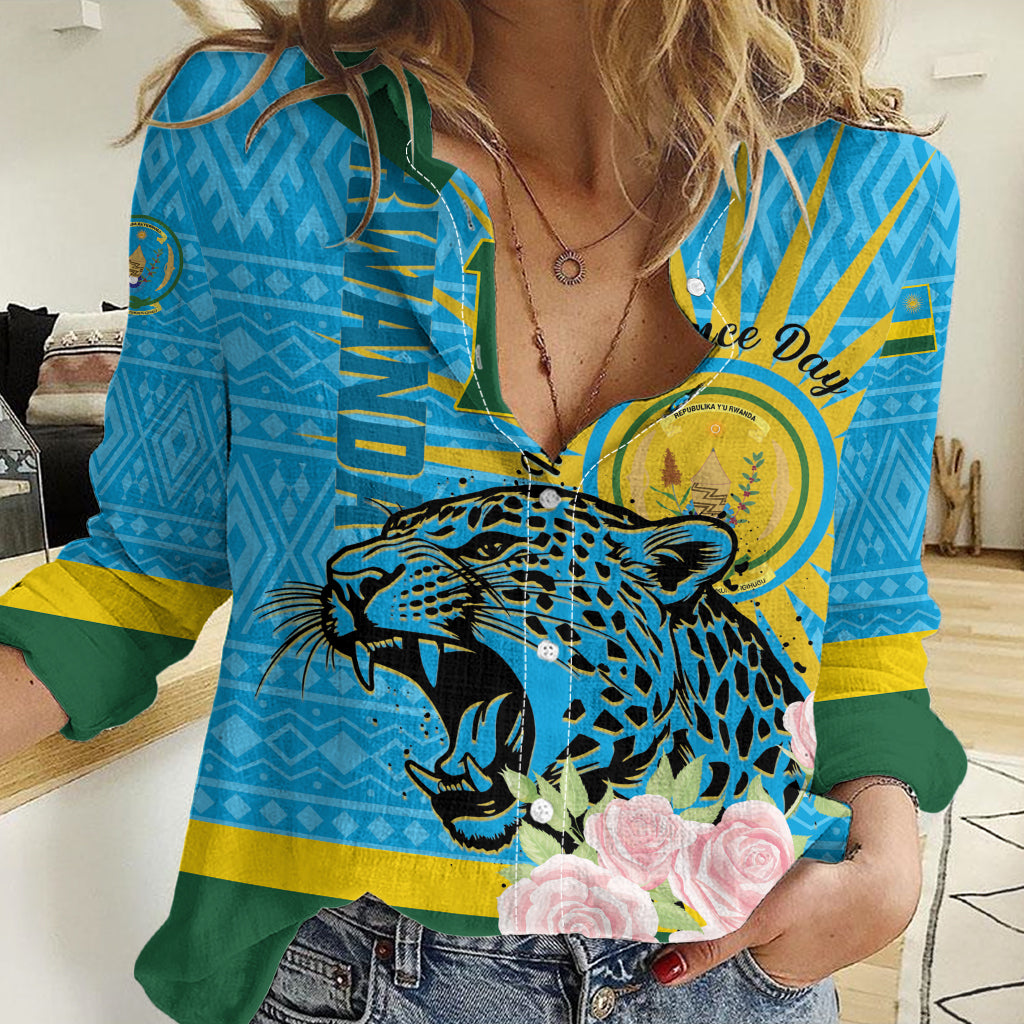 Rwanda Independence Day Women Casual Shirt Leopard With Roses - Wonder Print Shop